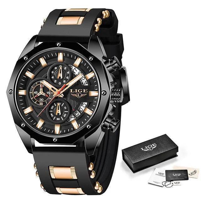 LIGE Luxury Men's Waterproof Sport Watch - Silicone Strap, Quartz Chronograph, Date Function - menswatch