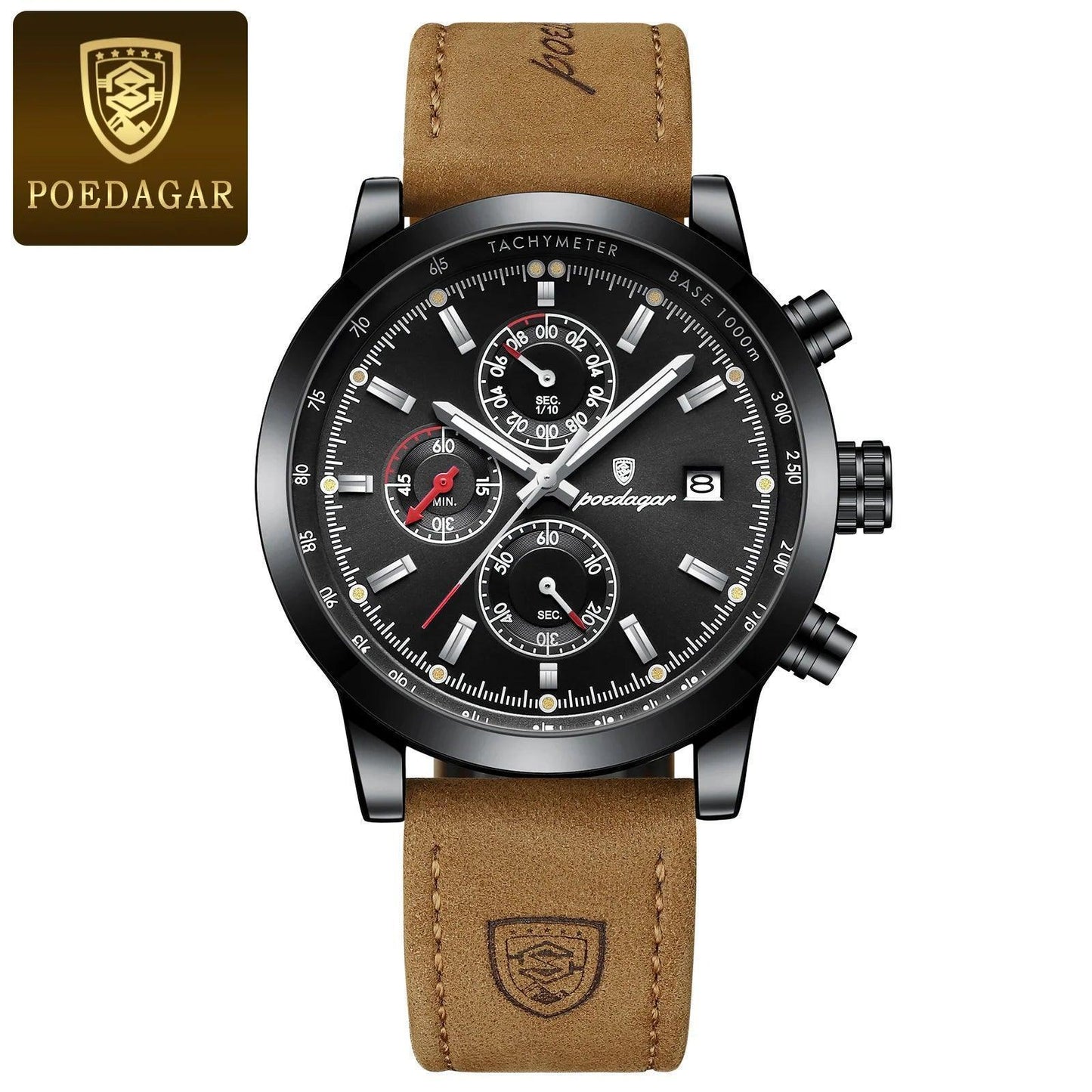 POEDAGAR Men's Luxury Waterproof Wristwatch - Luminous Chronograph, Date Display, Sports Leather Quartz Watch - menswatch