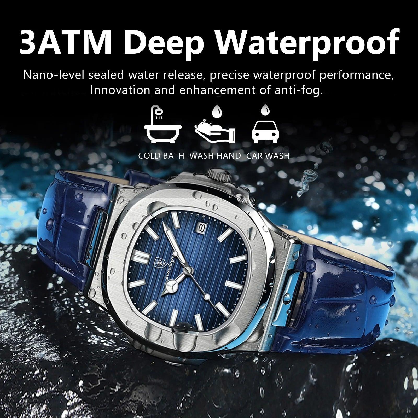 POEDAGAR Luxury Waterproof Luminous Date Leather Men's Wristwatch - Square Sports Casual Quartz Male Clocks - menswatch