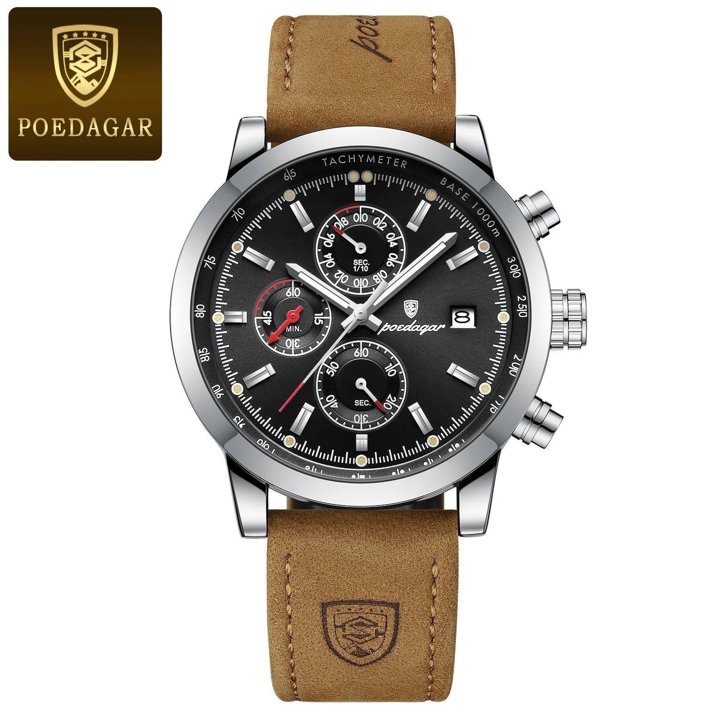 POEDAGAR Men's Luxury Waterproof Wristwatch - Luminous Chronograph, Date Display, Sports Leather Quartz Watch - menswatch