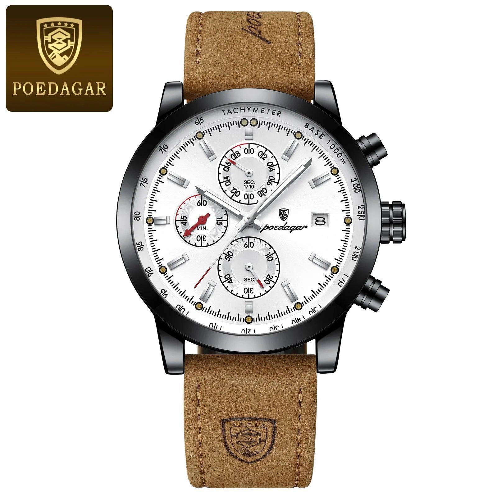 POEDAGAR Men's Luxury Waterproof Wristwatch - Luminous Chronograph, Date Display, Sports Leather Quartz Watch - menswatch