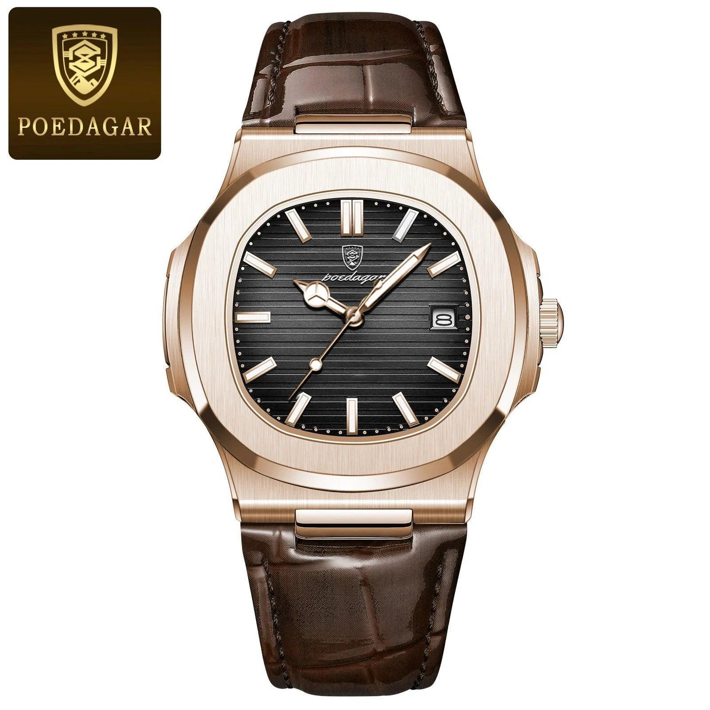 POEDAGAR Luxury Waterproof Luminous Date Leather Men's Wristwatch - Square Sports Casual Quartz Male Clocks - menswatch